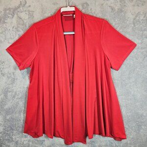 Susan Graver Womens M Orangy Red Open Front Short Sleeve Cardigan Ruched back